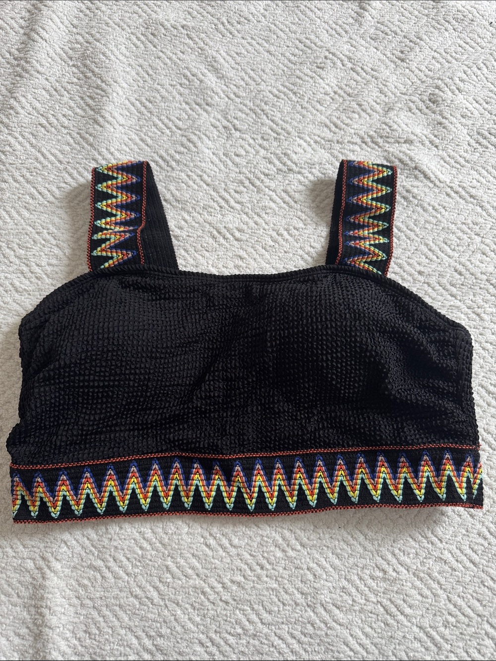 Daci Black Textured Bikini Top with Colorful Zigzag Trim Sz 18W